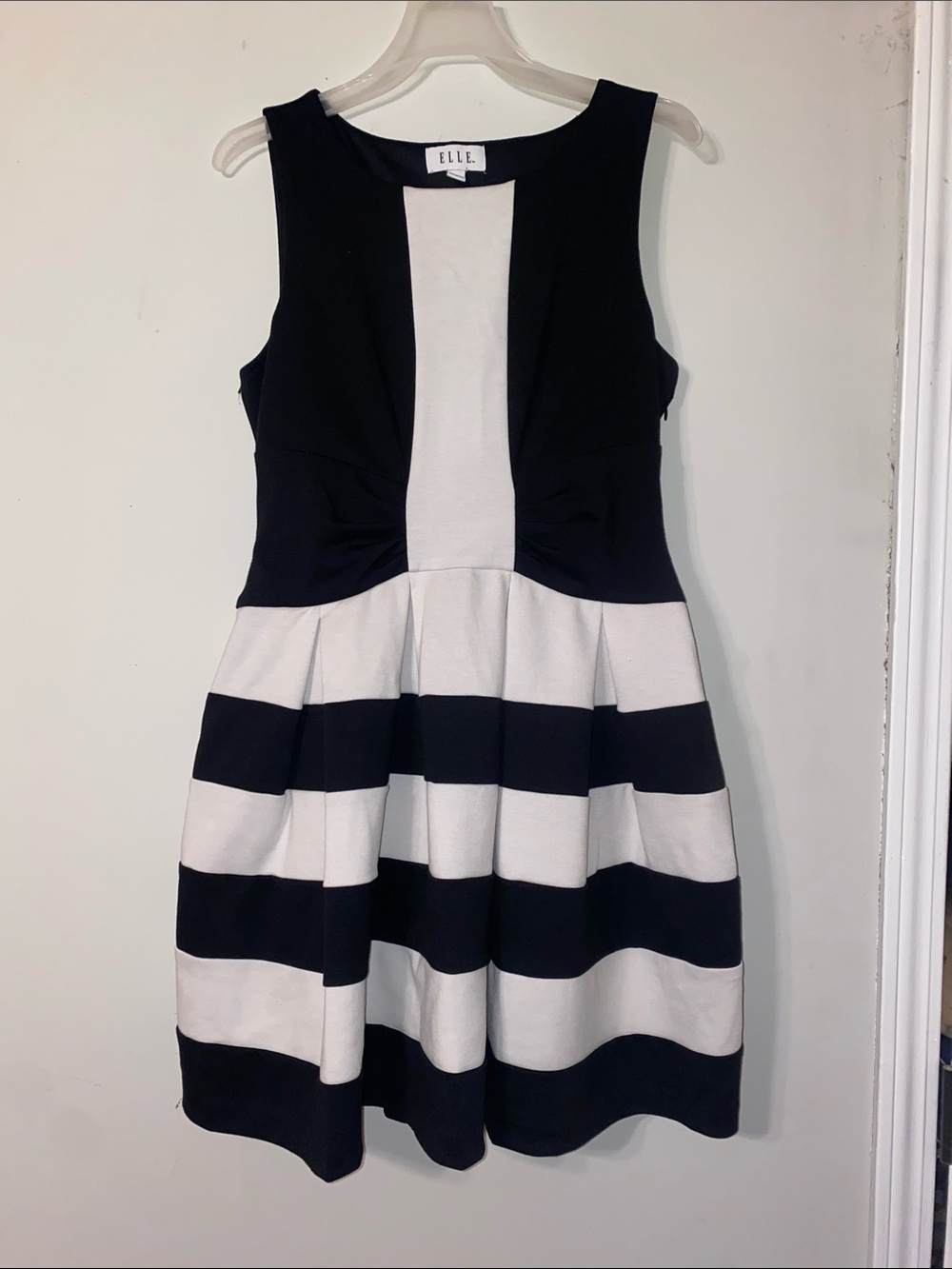 ELLE Black and White Striped Sleeveless Fit-and-Flare Dress